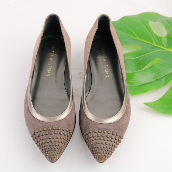 Stuart Weitzman Womens Loretta Flats Size 7.5 N Tan Suede Studed Cap Toe Shoes - Picture 1 of 12